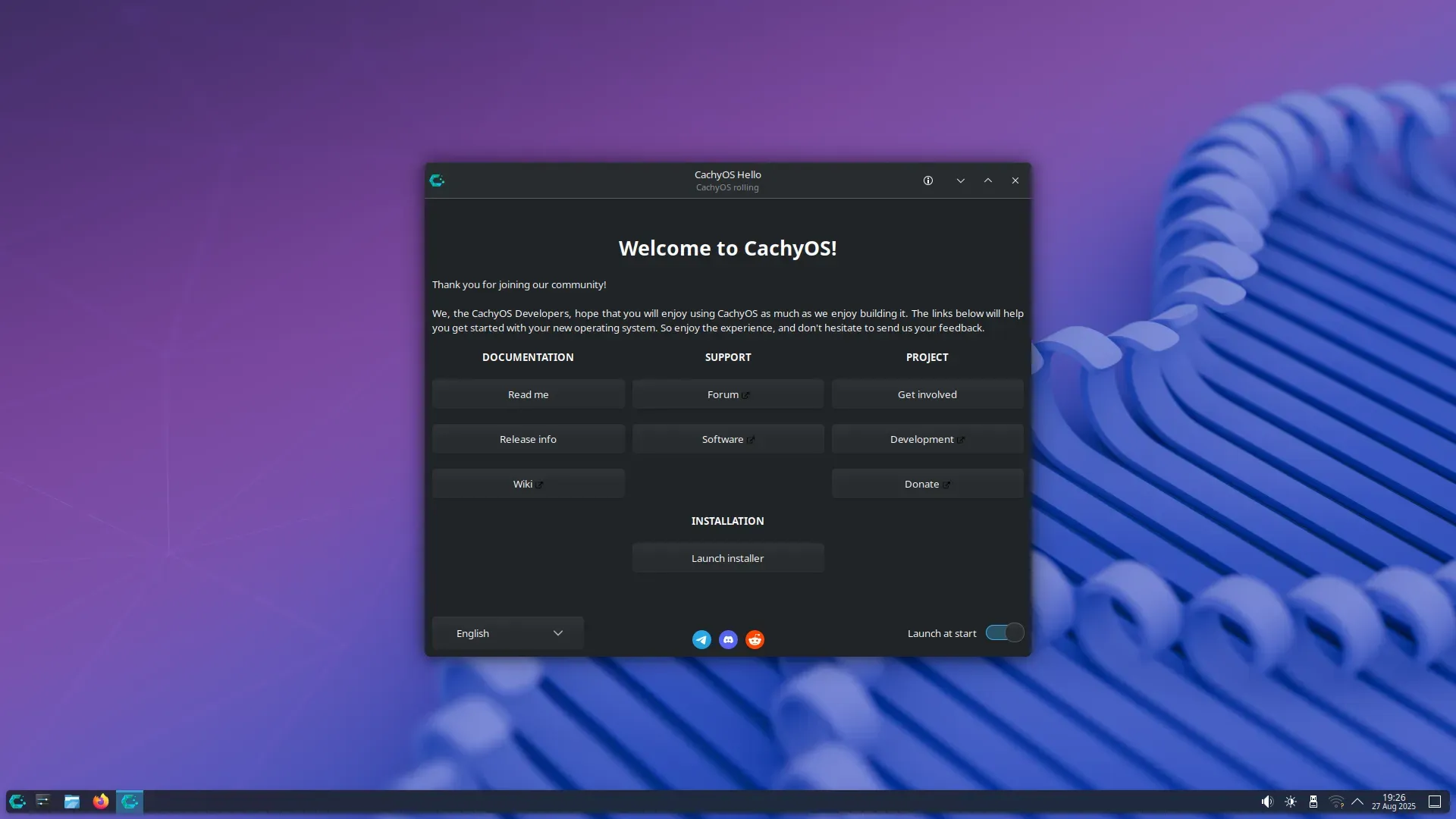 CachyOS: „CachyOS Hello“ führt nach dem Start zu Dokumentation, Forum - und zum Installer