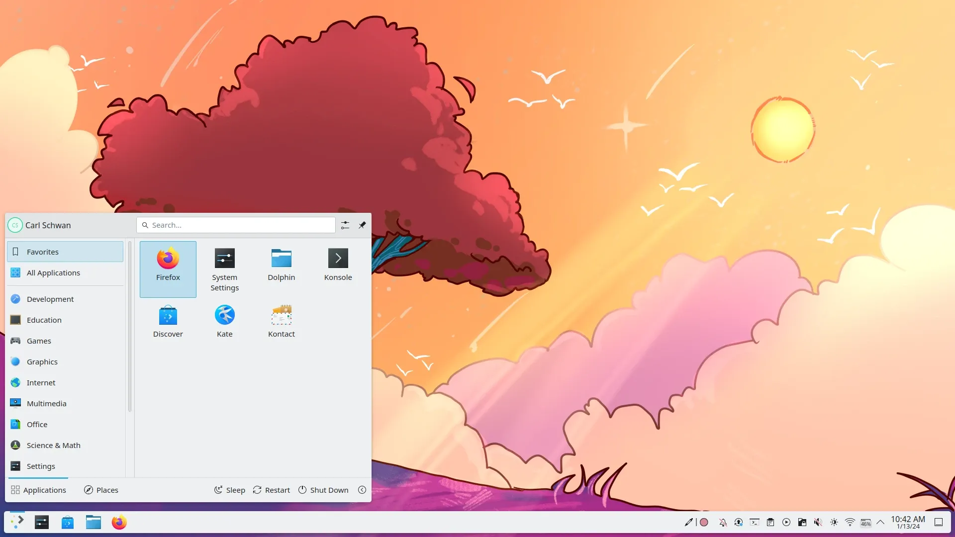 KDE Plasma 6: Startmenü unten links, Taskleiste, Systembereich rechts